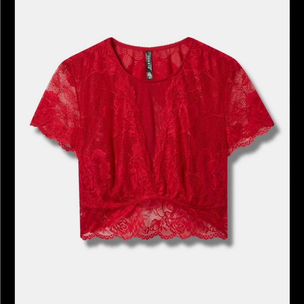 Torrid FLORAL LACE SHORT SLEEVE CROP TOP Red Size 0 - Picture 2 of 6